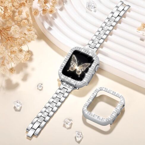 Thin Metal Band Compatible with Apple Watch Bands for Women 40mm 44mm 38mm 41mm 42mm 45mm, Jewelry Metal Strap with 2 Bling PC Protective Case for iWatch Series 11 10 9 8 7 6 5 4 SE Ultra3 2 1 in Saudi Arabia