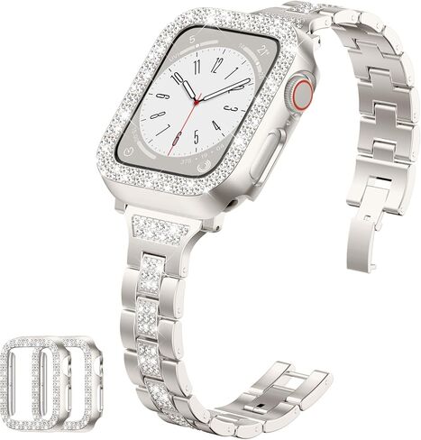 Thin Metal Band Compatible with Apple Watch Bands for Women 40mm 44mm 38mm 41mm 42mm 45mm, Jewelry Metal Strap with 2 Bling PC Protective Case for iWatch Series 11 10 9 8 7 6 5 4 SE Ultra3 2 1 in Saudi Arabia
