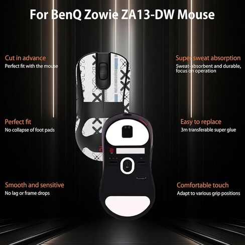 شريط قبضة الماوس تغطية كاملة لـ BenQ Zowie ZA13-DW، مجموعة ترقية الفئران الاحترافية ذاتية اللصق ومقاومة للعرق، زلاجات أقدام الماوس (وسادة قدم + شريط قبضة ماوس أبيض) in Kuwait