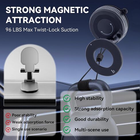 AXENTO Upgraded 360° Vacuum Magnetic Car Phone Holder for MagSafe [105+LBS Suction & 2800gf Magnetic Grip], Foldable Suction Cup Mount for iPhone 12/13/14/15/16 & Android, Car/Gym/Mirror in Saudi Arabia