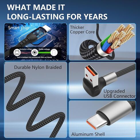 كابل USB 90 درجة إلى النوع C 6A شحن سريع USB A إلى USB C سلك شاحن نايلون مضفر USB-C كابل قصير للسيارة متوافق مع الكمبيوتر المحمول والهاتف المحمول والهاتف 16/15 1.64FT in Kuwait