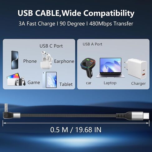 كابل USB 90 درجة إلى النوع C 6A شحن سريع USB A إلى USB C سلك شاحن نايلون مضفر USB-C كابل قصير للسيارة متوافق مع الكمبيوتر المحمول والهاتف المحمول والهاتف 16/15 1.64FT in Kuwait