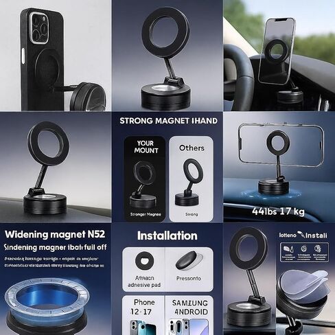 حامل هاتف السيارة المغناطيسي MagSafe - كوب شفط قوي للغاية للوحة القيادة والزجاج الأمامي - دوران 360 درجة - تثبيت آمن لأجهزة iPhone وSamsung وجميع الهواتف الذكية - استخدام بيد واحدة | يناسب جميع السيارات in Kuwait