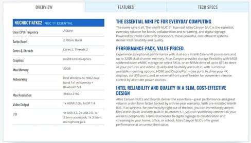 Intel NUC 11 Essential Atlas Canyon Intel Celeron Processor N4505 NUC11ATKC2 Mini PC 2.0 GHz - 2.9 GHz Burst, 2 core, 2 Thread, 10W,Intel UHD Graphics, 450 – 750 MHz Burst(16G RAM 512G SSD) (Renewed) in Saudi Arabia