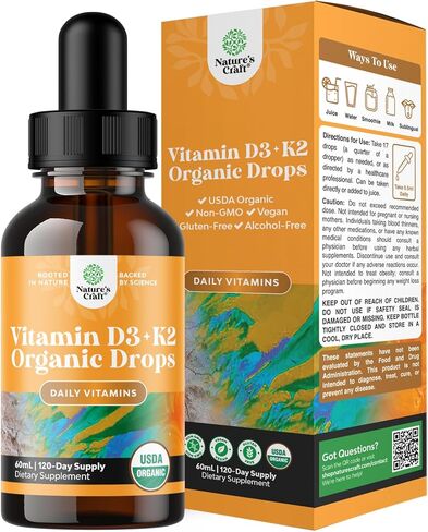 Vitamin D Drops with K-2 Vitamin - Liquid Vitamin D 5000 IU and MK7 K2 Vitamin Supplement for Immune Support and Joint Health - Liquid Vitamin D3 with K2 Vitamin MK7 and MCT Oil for Better Absorption in Kuwait
