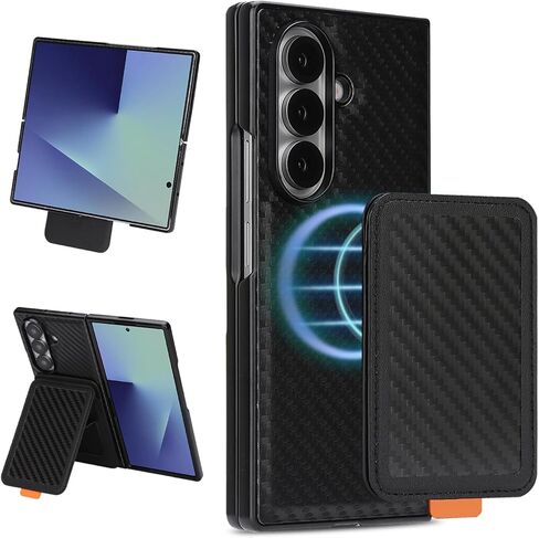 متوافق مع محفظة Magsafe Samsung Galaxy Fold 7 المصنوعة من ألياف الكربون، وفتحات حامل البطاقات المغناطيسية التي تحجب RFID 2 في 1 حافظة هاتف مقاومة للصدمات ومسند قابل للفصل لهاتف Z Fold7، أسود كربوني in Kuwait