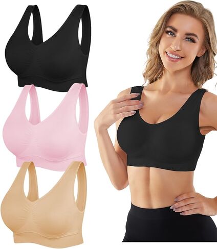 Seamless Sports Bras for Women 3 Pack,Wireless Bras Low Impact Sports Bra Sleep Comfortable Yoga Bras with Removable Pads in Saudi Arabia