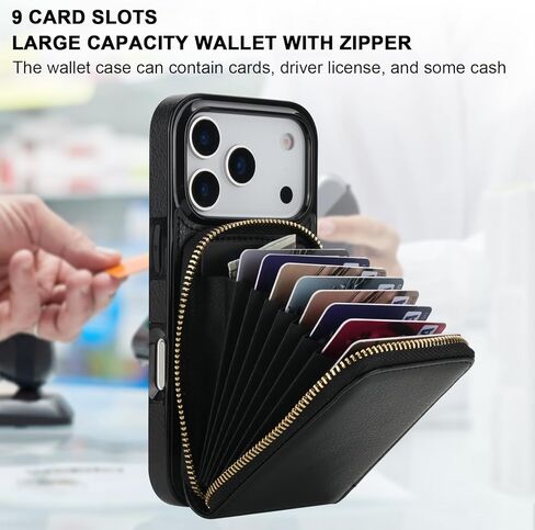 KIHUWEY Crossbody Wallet Case for iPhone 17 Pro, Zipper Pocket Case with Card Holder, PU Leather RFID Blocking Protective Cover Case with Kickstand Detachable Wrist Strap Lanyard 6.3" (Black) in Saudi Arabia