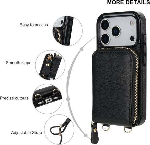 KIHUWEY Crossbody Wallet Case for iPhone 17 Pro, Zipper Pocket Case with Card Holder, PU Leather RFID Blocking Protective Cover Case with Kickstand Detachable Wrist Strap Lanyard 6.3" (Black) in Saudi Arabia