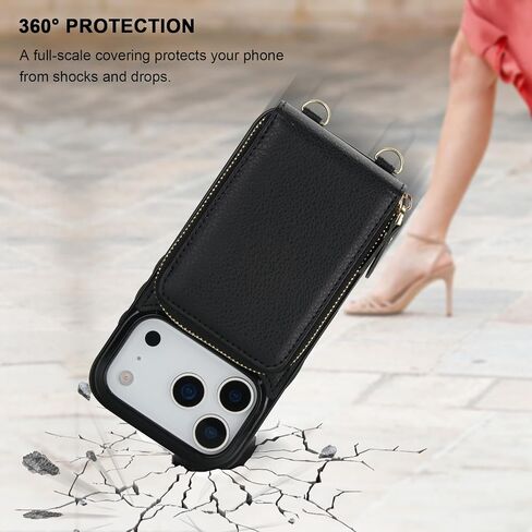 KIHUWEY Crossbody Wallet Case for iPhone 17 Pro, Zipper Pocket Case with Card Holder, PU Leather RFID Blocking Protective Cover Case with Kickstand Detachable Wrist Strap Lanyard 6.3" (Black) in Saudi Arabia