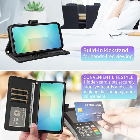 Phone Case for Samsung Galaxy A04e Wallet Cell Cover with Tempered Glass Screen Protector Strap Flip Credit Card Holder Accessories Stand Lanyard Wrist Rugged Slot AO4e A 04e Women Girls Black in Saudi Arabia