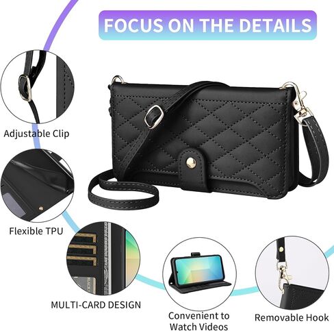 Phone Case for Samsung Galaxy A04e Wallet Cell Cover with Tempered Glass Screen Protector Strap Flip Credit Card Holder Accessories Stand Lanyard Wrist Rugged Slot AO4e A 04e Women Girls Black in Saudi Arabia