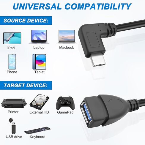 محول MEIRIYFA USB C إلى USB 3.0، 90 درجة USB 3.1 C ذكر إلى USB 3.0 A أنثى كابل OTG 5 جيجابت في الثانية سلك بيانات وشحن للهواتف اللوحية والكمبيوتر المحمول (أسود، 0.25 متر) in Kuwait