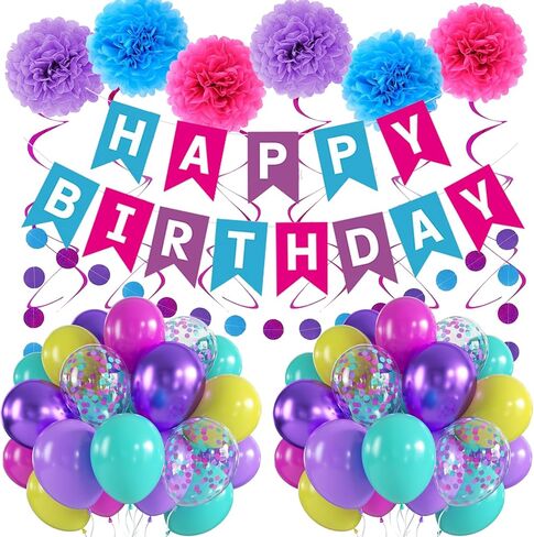 Purple Pink Blue Birthday Decorations for Girls Women with Hot Pink Metallic Purple Teal Yellow Banner Balloons Hanging Swirls Tissue Paper Pompoms and Circle Dots Garland in Saudi Arabia