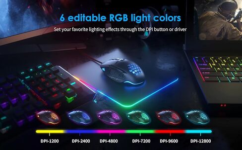 ماوس ألعاب C303 Ultimate - 12800 نقطة في البوصة، 6 مناطق RGB، 8 مفاتيح ماكرو، سلك مضاد للتشابك بطول 5.5 قدم in Kuwait