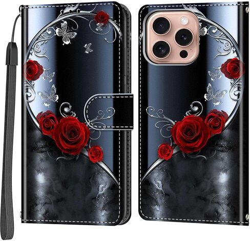 حافظة محفظة لهاتف iPhone 16 Pro، [مسند] حامل 3 بطاقات [غلاف داخلي من مادة TPU مقاوم للصدمات]، غطاء قلاب واقٍ مغناطيسي من جلد البولي يوريثان مقاس 6.3 بوصات، زهرة سوداء in Kuwait