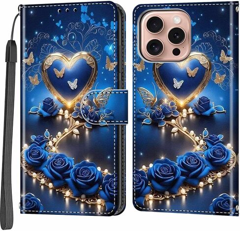 حافظة محفظة لهاتف iPhone 16 Pro، [مسند] حامل 3 بطاقات [غلاف داخلي من مادة TPU مقاوم للصدمات]، غطاء قلاب واقٍ مغناطيسي من جلد البولي يوريثان مقاس 6.3 بوصات، زهرة سوداء in Kuwait