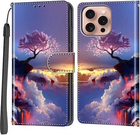 حافظة محفظة لهاتف iPhone 16 Pro، [مسند] حامل 3 بطاقات [غلاف داخلي من مادة TPU مقاوم للصدمات]، غطاء قلاب واقٍ مغناطيسي من جلد البولي يوريثان مقاس 6.3 بوصات، زهرة سوداء in Kuwait