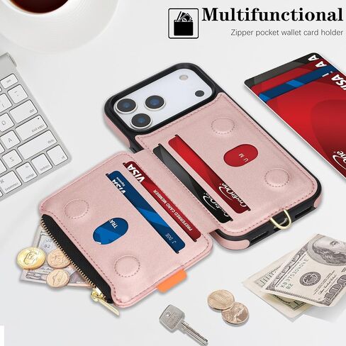 حافظة محفظة GUERNICA لهاتف iPhone 17 Pro Max مع حامل بطاقة، حافظة جلدية PU مانعة لموجات الراديو للرجال والنساء، فتحة لبطاقة الائتمان بسحاب لحزام المعصم لهاتف Apple 17 Pro Max 6.9 بوصة، ذهبي وردي in Kuwait