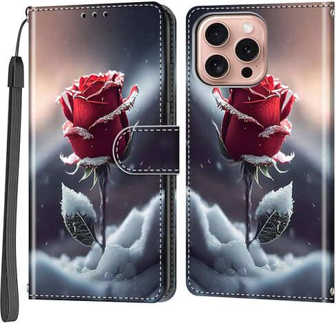 حافظة محفظة لهاتف iPhone 16 Pro، [مسند] حامل 3 بطاقات [غلاف داخلي من مادة TPU مقاوم للصدمات]، غطاء قلاب واقٍ مغناطيسي من جلد البولي يوريثان مقاس 6.3 بوصات، زهرة سوداء in Kuwait
