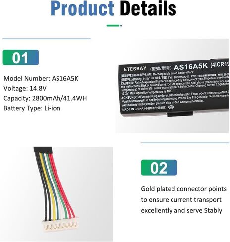 ETESBAY AS16A5K AS16A7K AS16A8K Replacement Battery for Acer Aspire E15 E5-475G 523G 573G 575G 774G E5-575G E5-575-59QB E5-575G-53VG (14.8V, 2800mAh) in Saudi Arabia