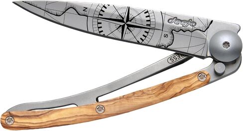 deejo - سكين جيب قابل للطي 27 جرام مع مشبك حزام - تصميم Terra Incognita، شفرة من الفولاذ المقاوم للصدأ مقاس 2.95 بوصة، مقبض من خشب الزيتون - خفيف الوزن للحمل اليومي للمنزل والعمل والاستخدام الخارجي in Kuwait