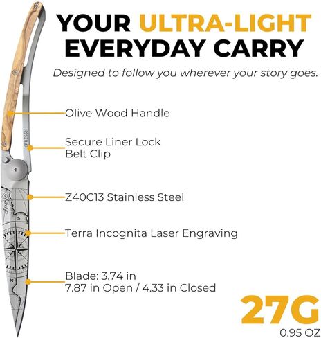 deejo - سكين جيب قابل للطي 27 جرام مع مشبك حزام - تصميم Terra Incognita، شفرة من الفولاذ المقاوم للصدأ مقاس 2.95 بوصة، مقبض من خشب الزيتون - خفيف الوزن للحمل اليومي للمنزل والعمل والاستخدام الخارجي in Kuwait