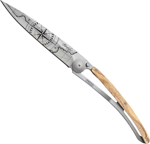 deejo - سكين جيب قابل للطي 27 جرام مع مشبك حزام - تصميم Terra Incognita، شفرة من الفولاذ المقاوم للصدأ مقاس 2.95 بوصة، مقبض من خشب الزيتون - خفيف الوزن للحمل اليومي للمنزل والعمل والاستخدام الخارجي in Kuwait