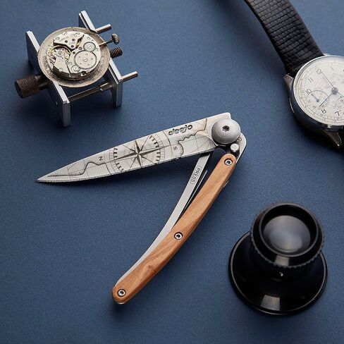 deejo - سكين جيب قابل للطي 27 جرام مع مشبك حزام - تصميم Terra Incognita، شفرة من الفولاذ المقاوم للصدأ مقاس 2.95 بوصة، مقبض من خشب الزيتون - خفيف الوزن للحمل اليومي للمنزل والعمل والاستخدام الخارجي in Kuwait