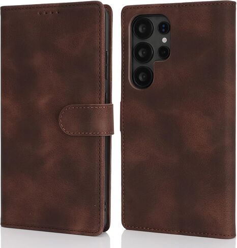 حافظة لهاتف سامسونج جالاكسي S25 الترا مع حامل بطاقة، حافظة محفظة لهاتف جالاكسي S25 الترا للرجال والنساء، حافظة هاتف قابلة للطي مصنوعة من جلد البولي يوريثان بإبزيم مغناطيسي - بني داكن in Kuwait