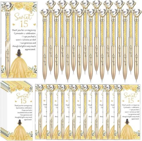 50 Sets Quinceanera Party Favors Sweet 15th Thank You Gifts Big Crystal Diamond Pens with Thank You Cards Retractable Ballpoint Bling Pens 15 Birthday Mis Quince Gifts for Guests (Rose Gold) in Saudi Arabia