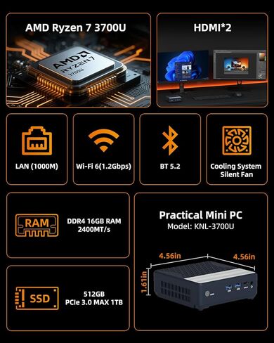 جهاز كمبيوتر صغير AMD Ryzen 7 3700U، ذاكرة وصول عشوائي 16 جيجابايت وذاكرة وصول عشوائي 512 جيجابايت SSD، كمبيوتر مكتبي صغير مع HDMI مزدوج 4K@60 هرتز، Wi-Fi 6/BT 5.2 للمنزل/الأعمال/المكتب/الألعاب in Kuwait