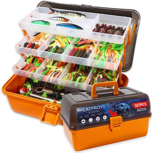 Large 4-Tray Tackle Box Organizer with Tackle Included, Large Portable Fishing Kit 557Pcs Pliers, Fish Gripper, Hook Remover, Lures, Freshwater Saltwater Bass Accessories Gifts for Men, Kids in Saudi Arabia