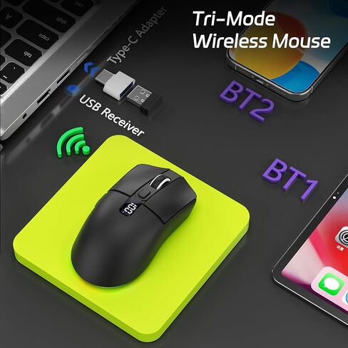 Uciefy ماوس بلوتوث لاسلكي، ثلاثي الوضع (2.4G+BT5.0+BT5.1) ماوس بلوتوث LED، USB C قابل لإعادة الشحن مع شاشة LED، 2400 نقطة في البوصة فأرة كمبيوتر لأجهزة الكمبيوتر المحمول/الكمبيوتر الشخصي/Mac/iPad- أسود in Kuwait