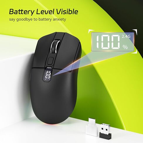 Uciefy ماوس بلوتوث لاسلكي، ثلاثي الوضع (2.4G+BT5.0+BT5.1) ماوس بلوتوث LED، USB C قابل لإعادة الشحن مع شاشة LED، 2400 نقطة في البوصة فأرة كمبيوتر لأجهزة الكمبيوتر المحمول/الكمبيوتر الشخصي/Mac/iPad- أسود in Kuwait