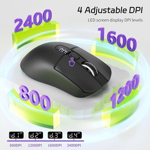 Uciefy ماوس بلوتوث لاسلكي، ثلاثي الوضع (2.4G+BT5.0+BT5.1) ماوس بلوتوث LED، USB C قابل لإعادة الشحن مع شاشة LED، 2400 نقطة في البوصة فأرة كمبيوتر لأجهزة الكمبيوتر المحمول/الكمبيوتر الشخصي/Mac/iPad- أسود in Kuwait