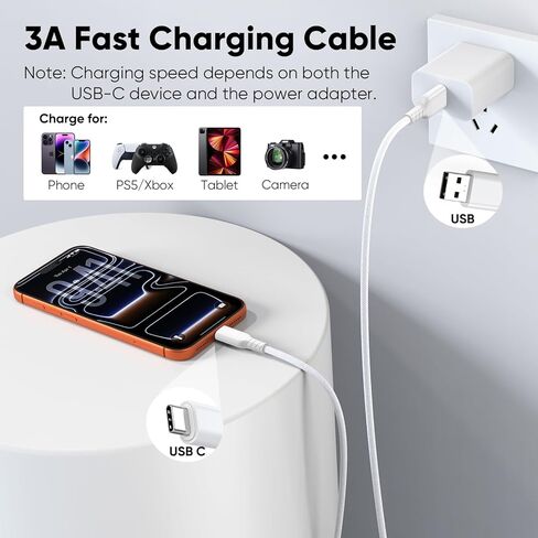 كابل بيانات USB A إلى USB C بطول 6 أقدام و10 جيجابت في الثانية USB 3.2 نقل بيانات عالي السرعة + 3A شحن سريع USB-A إلى سلك أبيض مجدول من النوع C لأجهزة SSD المحمولة iPhone 17/16/15 Galaxy S25/24 iPad إلى الكمبيوتر المحمول in Kuwait