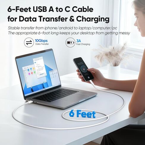 كابل بيانات USB A إلى USB C بطول 6 أقدام و10 جيجابت في الثانية USB 3.2 نقل بيانات عالي السرعة + 3A شحن سريع USB-A إلى سلك أبيض مجدول من النوع C لأجهزة SSD المحمولة iPhone 17/16/15 Galaxy S25/24 iPad إلى الكمبيوتر المحمول in Kuwait