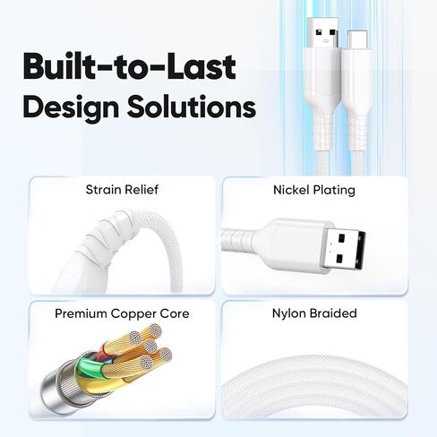 كابل بيانات USB A إلى USB C بطول 6 أقدام و10 جيجابت في الثانية USB 3.2 نقل بيانات عالي السرعة + 3A شحن سريع USB-A إلى سلك أبيض مجدول من النوع C لأجهزة SSD المحمولة iPhone 17/16/15 Galaxy S25/24 iPad إلى الكمبيوتر المحمول in Kuwait