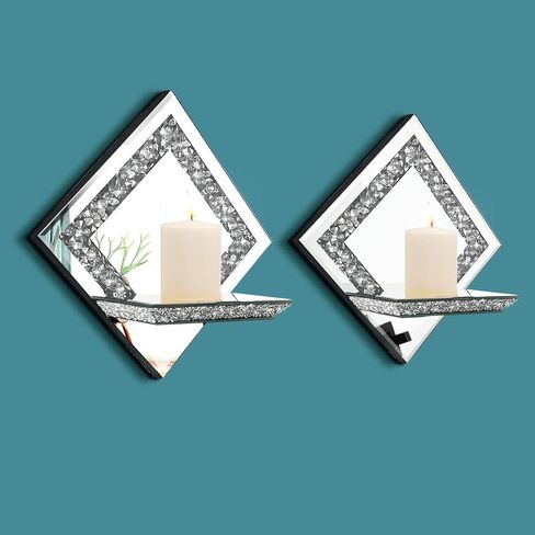 مجموعة حامل شموع الحائط من Pibeyer Crystal Crush Diamond المكونة من 2، شمعدانات شموع فضية مستطيلة الشكل، ديكور جدار منزلي لغرفة المعيشة وغرفة الطعام وغرفة النوم in Saudi Arabia