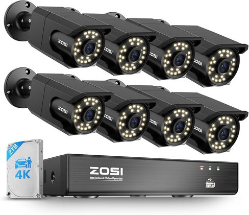 ZOSI 4K PoE Security Camera System, H.265+ 8CH NVR with 2TB HDD (16CH Expandable), 8 x 8MP Wired IP PoE Cameras Outdoor Indoor, Human/Face/Vehicle Detect, One-Way Audio, Color Night Vision, Spotlight in Saudi Arabia