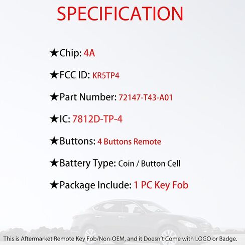 MechanMagic Smart Key Fob استبدال جهاز التحكم عن بعد يناسب Honda Civic CR-V HR-V Pilot Type R 2022 2023 2024 2025 KR5TP-4 دخول بدون مفتاح التحكم عن بعد دفع البداية 4 أزرار 72147-T43-A01 in Kuwait