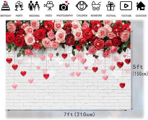 LTLYH 7x5ft خلفية زهرة الورد الرومانسية خلفية جدار من الطوب الأبيض لعيد الحب، الزفاف، الذكرى السنوية، الخطوبة، دش الزفاف الأزواج التقاط الصور ديكور الحفلات in Kuwait