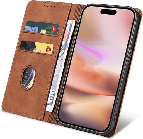 Flip Wallet Case for iPhone 16 Plus, Leather Magnetic Folio Cover with Card Holder, Kickstand - TPU Shockproof Durable Protective iPhone 16 Plus Case Brown in Saudi Arabia