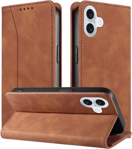 Flip Wallet Case for iPhone 16 Plus, Leather Magnetic Folio Cover with Card Holder, Kickstand - TPU Shockproof Durable Protective iPhone 16 Plus Case Brown in Saudi Arabia