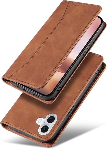 Flip Wallet Case for iPhone 16 Plus, Leather Magnetic Folio Cover with Card Holder, Kickstand - TPU Shockproof Durable Protective iPhone 16 Plus Case Brown in Saudi Arabia