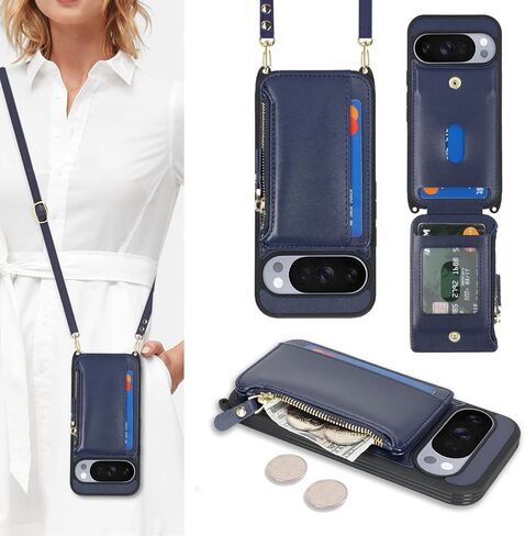 Cavor Compatible with Google Pixel 10/10 Pro Case Wallet with Card Holder, Pixel 10 Crossbody Case with Strap, PU Leather Zipper Pocket Card Slots Protective Phone Cover-Black in Saudi Arabia