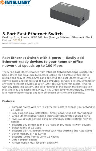 Intellinet 5-Port Fast Ethernet Network Switch - Ethernet Splitter - Unmanaged | Plug & Plug| - for Computer Networking Hub, Desktop – 3 Mfg Yr Warranty – 561723 in Saudi Arabia