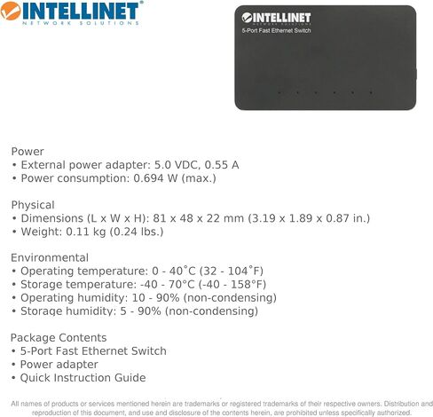 Intellinet 5-Port Fast Ethernet Network Switch - Ethernet Splitter - Unmanaged | Plug & Plug| - for Computer Networking Hub, Desktop – 3 Mfg Yr Warranty – 561723 in Saudi Arabia