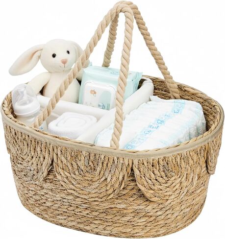 Lawei Little Diaper Caddy Organizer, Handwoven Natural Rush Grass Nursery Baby Basket with Removable Cotton Divider, Portable Rattan Diaper Storage Basket Bin for Changing Table, Baby Shower Gifts in Saudi Arabia